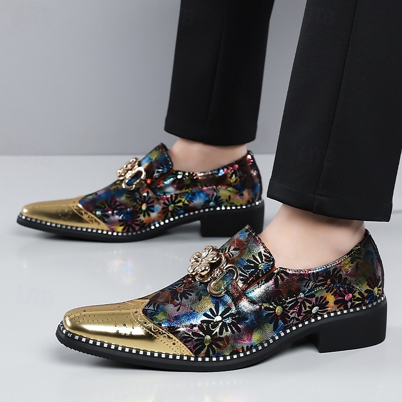 Geklede herenschoenen met bloemenprint, spitse neus en metallic neuskap, modieuze instappers voor stijlvolle mannen, ideaal voor feesten, bruiloften, banketten en podiumoptredens. 2026 - $54.99 –P4