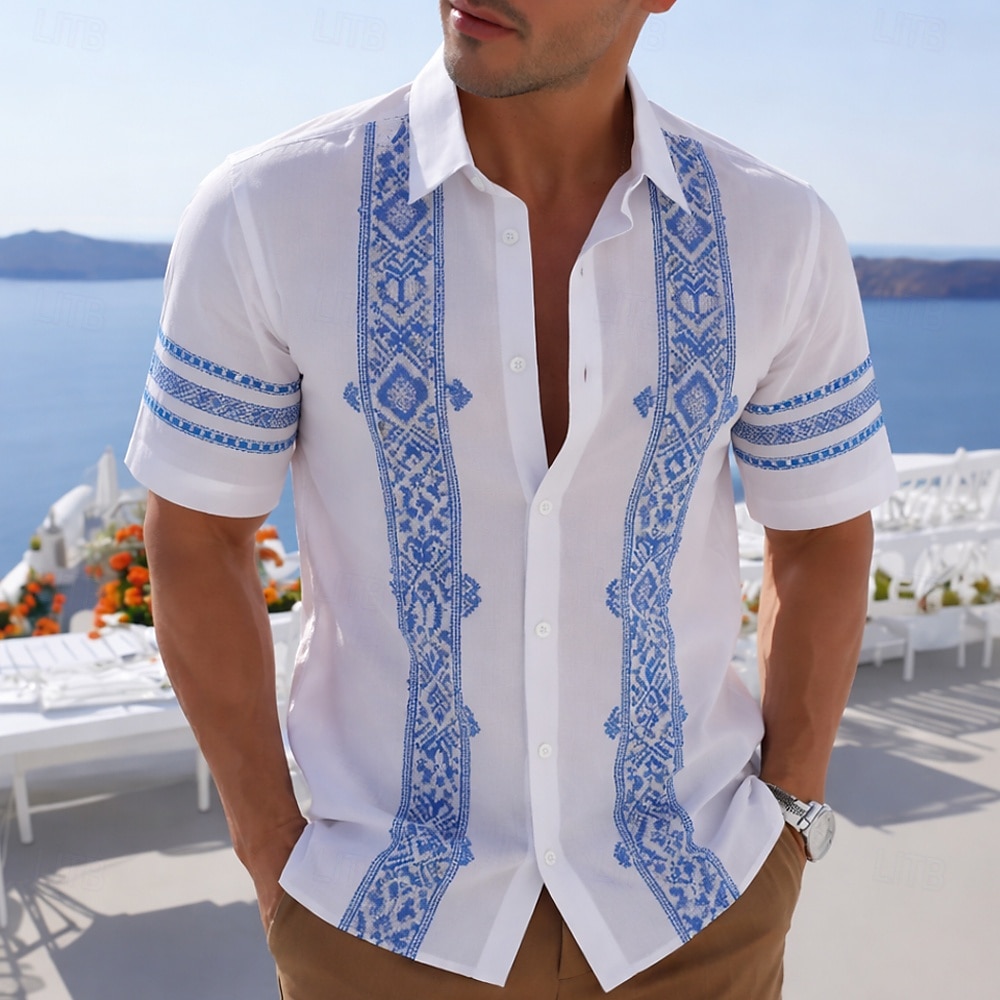 Men's Geometric Grid / Plaid Ethnic Shirt Guayabera Shirt Button Up Shirt Short Sleeve Vintage Retro Daily Outdoor Vacation Summer Spring Turndown 3D Print Linen Like Shirt Blue Purple Green 2026 - $25.99 –P1