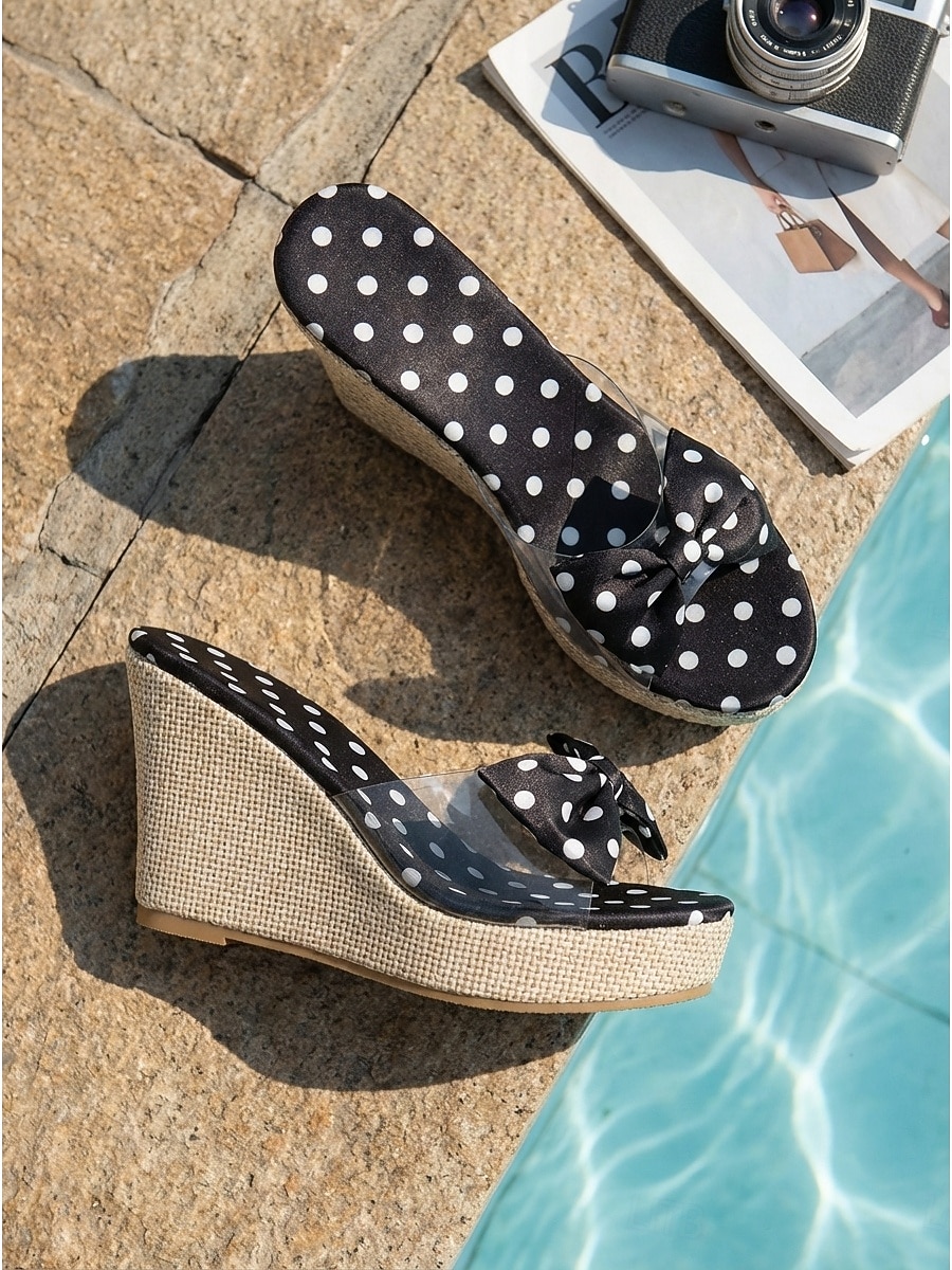 Women's Polka Dot Bow Wedge Sandals - Trendy Clear  Wedges with Espadrille-Style Sole for Luxury Resort Vacations, Hotel Poolside Lounging & Summer Beach Parties 2026 - $29.99 –P1
