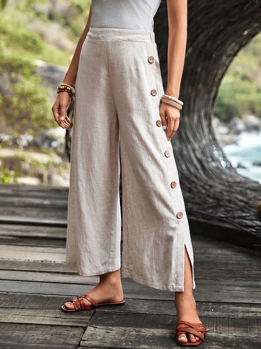 Femmes Pantalon effet lin Jambe large Pantalon décontracté Vacances Basique Longueur complète Taille moyenne Uni Taille Élastique Bouton latéral Jambe Droite Confort Léger Respirant Non Elastique de 2026 ? $32.99 –P1