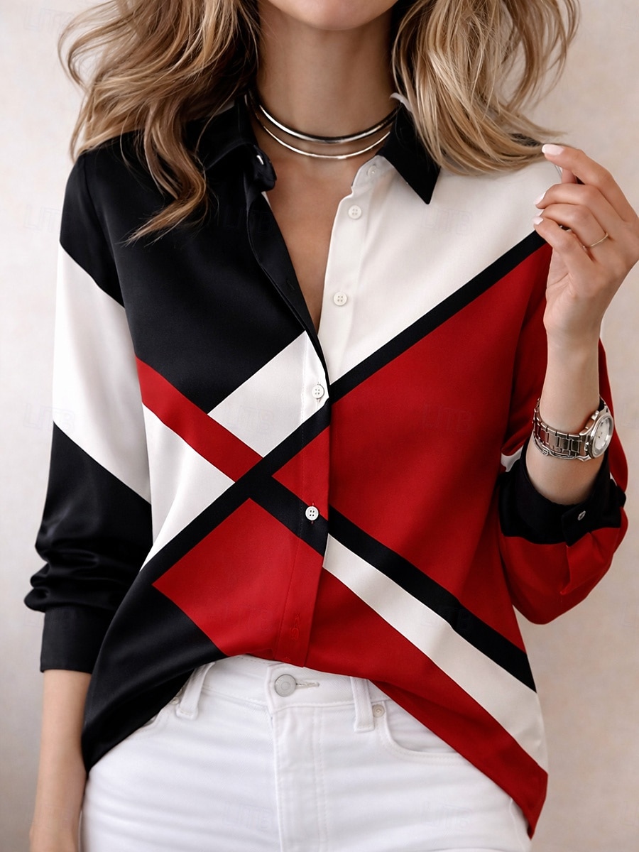 Mulheres Camisa Social Gráfico Geométrica Bloco de cor Vintage à moda Básico Manga Longa Bispo Colarinho de Camisa Tops regulares Diário Feriado Vermelho Laranja Verão Primavera de 2026 por $41.99 –P2