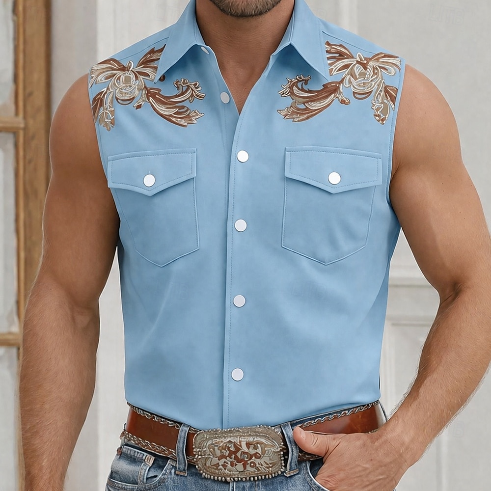 Homens Estampa floral Vintage camisa ocidental Camisa de caubói camisa sem manga Sem Manga estilo ocidental Ao ar livre Trabalho Casual Verão Primavera Aberto para a Lateral Impressão 3D Camisas de de 2026 por $25.99 –P1