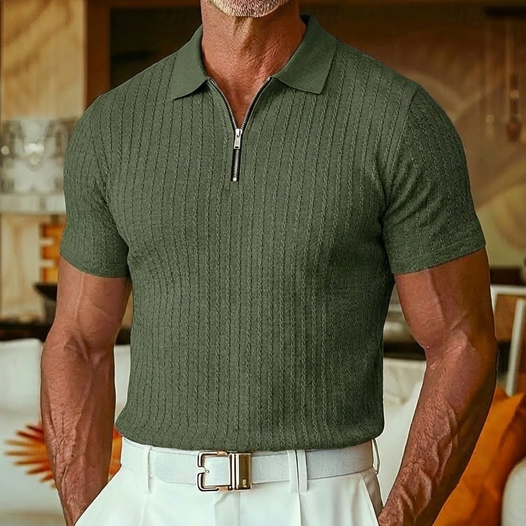 Herr Strukturerad Quarter Zip Polo Ledigt Utomhus Fjärdedels blixtlås Kortärmad Mode Modern Ensfärgat Jacquard Stickat Sommar Vår Vår & Höst Smal passform Svart Vit Vinröd Marinblå Khaki grön Armégrön 2026 - $22.99 –P8