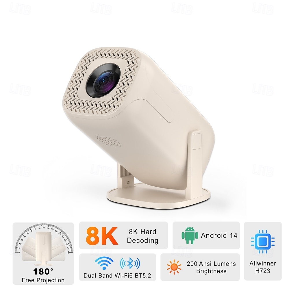 Smart Projector with Android 14, WiFi 6, BT 5.2, 180° Rotating Portable Projector, 8K Decoding, 200 ANSI Lumens, Movie Projector for Home, Outdoor, TV Stick, iOS, Android, Allwinner H723 Chip 2026 - $86.99 –P1