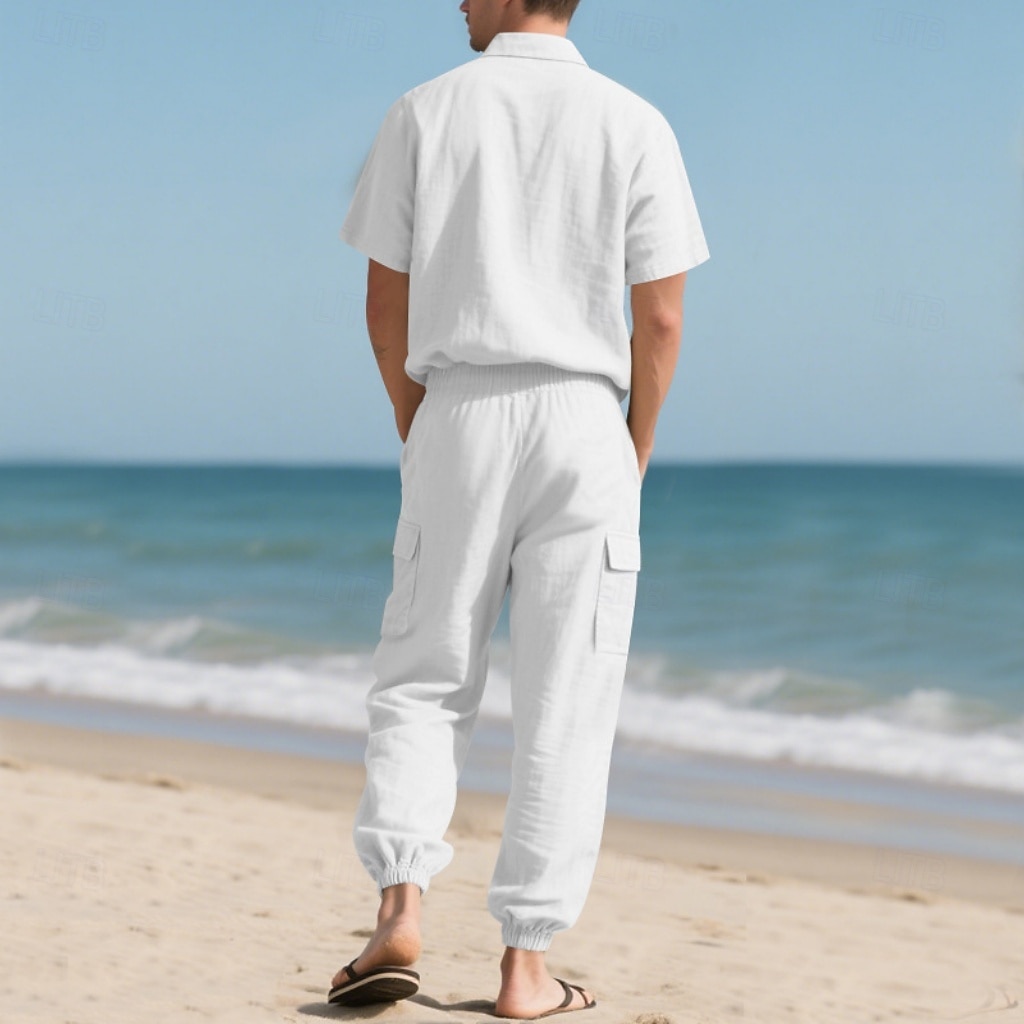 Men's Linen Shirt 2 Piece Shirt Set And Cargo Pants Linen Pants Trousers Set Plain Casual Daily Outdoor Turndown Short Sleeves Summer Fashion Casual Comfortable Clothing Apparel 2026 - $36.99 –P6