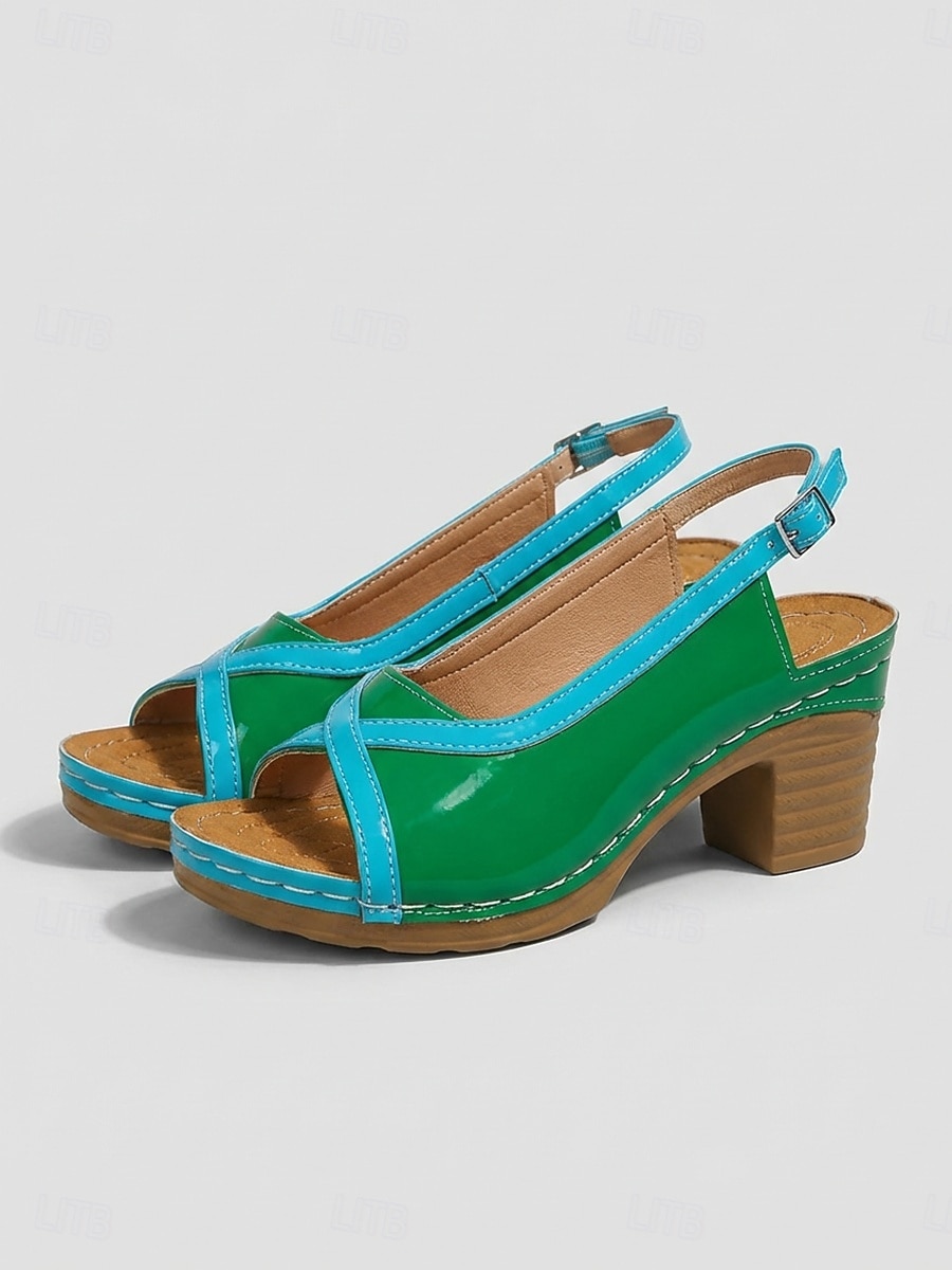 Sandali da donna color block con punta aperta e cinturino posteriore e tacco a blocco – comodi sandali estivi in pelle verniciata con tacco, ideali per vacanze, feste in giardino, viaggi e per l'uso del 2026 a $26.99 –P4