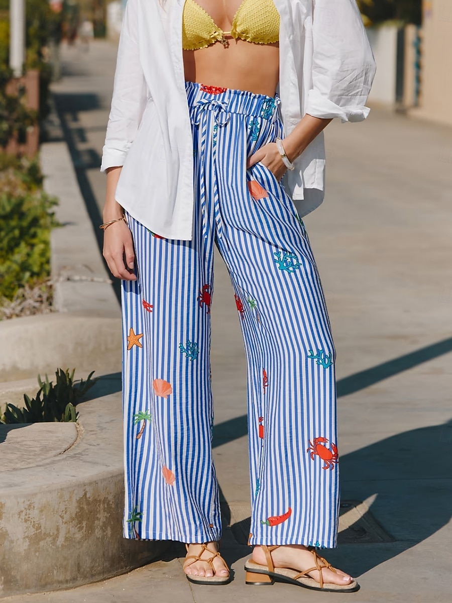 Per donna Gamba larga Chinos Vacanza Moda Streetwear Lunghezza intera Vita Alta A righe Tasca Fascia Elastica Stampato Comodo Comodità Morbido Elasticizzato All'aperto Vacanza Streetwear Blu Estate del 2026 a $27.99 –P2