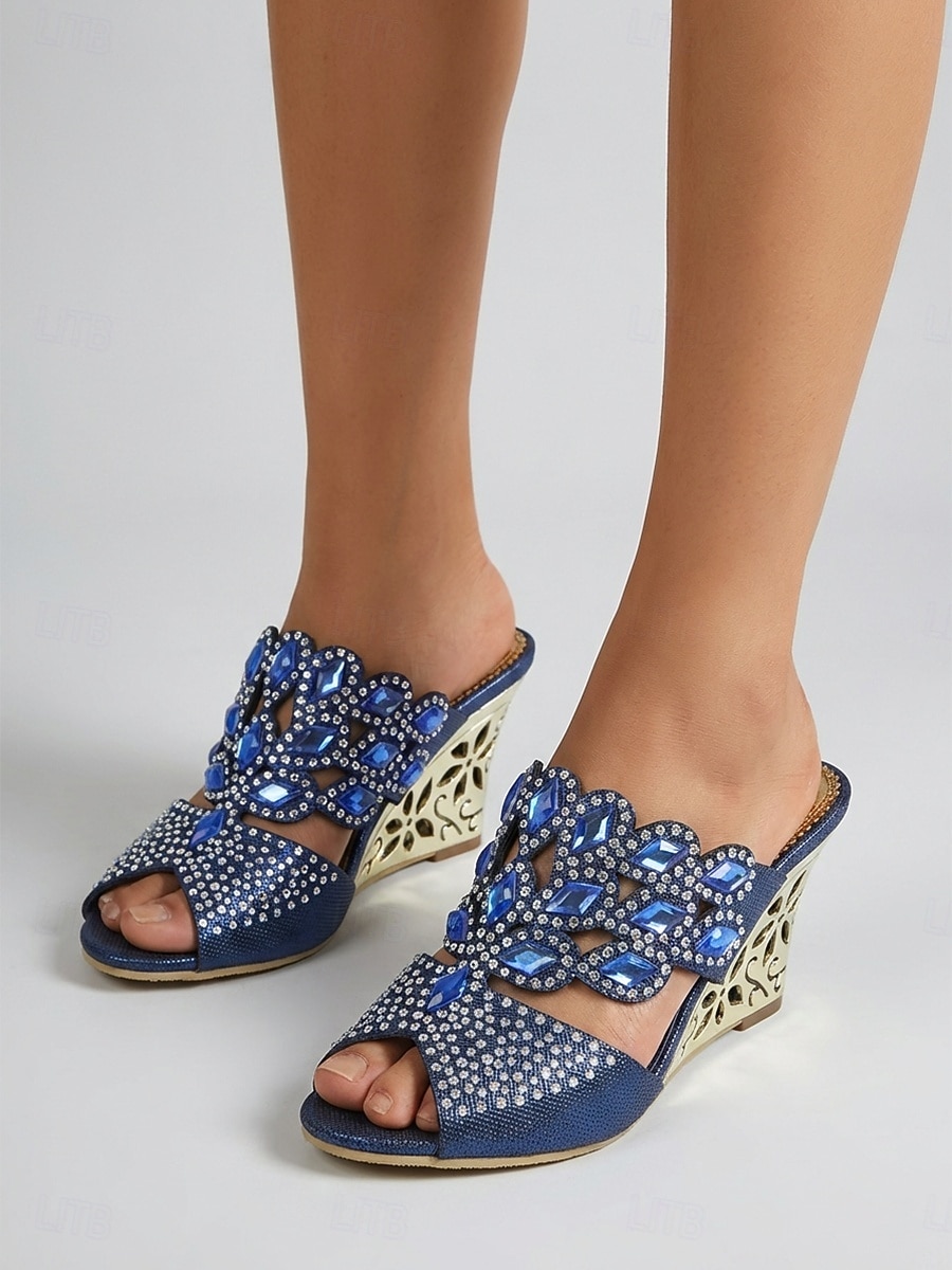 Sandalias de cuña azules adornadas para mujer, zapatos elegantes sin cordones con punta abierta para la madre de la novia, boda en el jardín &eventos formales 2026 - $64.99 –P2