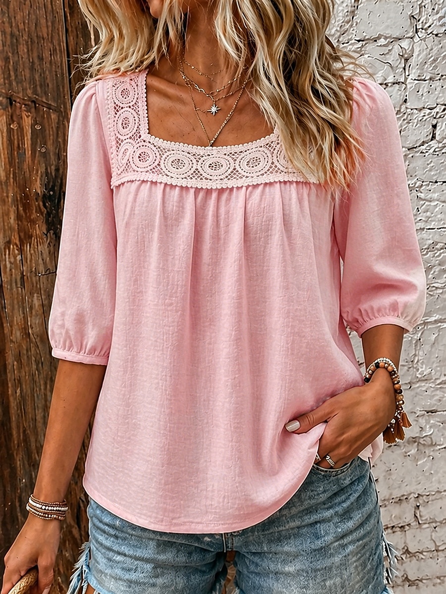 Dam Skjortor med linnekänsla Blus Spetskant Ensfärgat Dagligen Stylish Grundläggande 3/4 ärm Fyrkantig hals Vanliga toppar Ledigt Dagligen Blå Vit Rodnande Rosa Marinblå Grön Sommar Vår Höst 2026 - $22.99 –P5