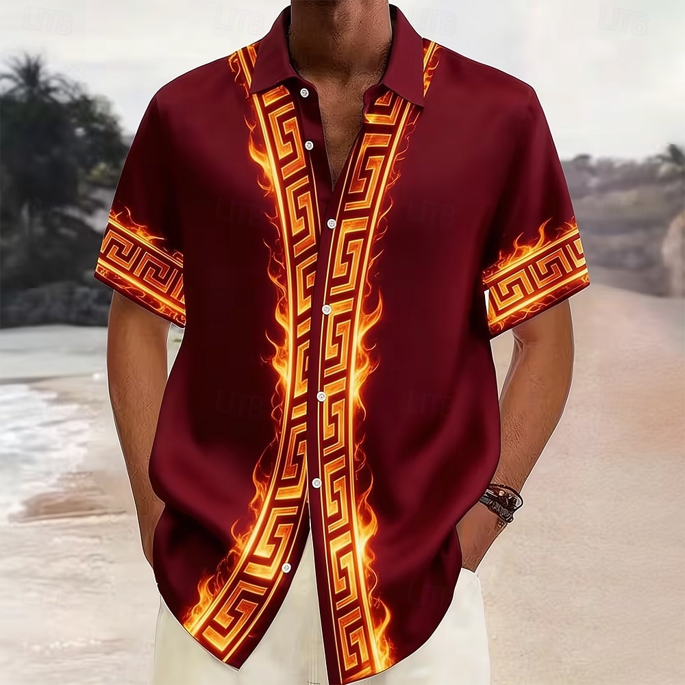 Herren Geometrisches Muster Feuer Griechischer Schlüssel Hemd Knopfhemd Kurzarm Modisch lässig Streetwear Urlaub Frühling Herbst Umlegekragen 3D-Druck Hemden mit Kragen Burgunderrot Purpur Braun 2026 - $25.99 –P1