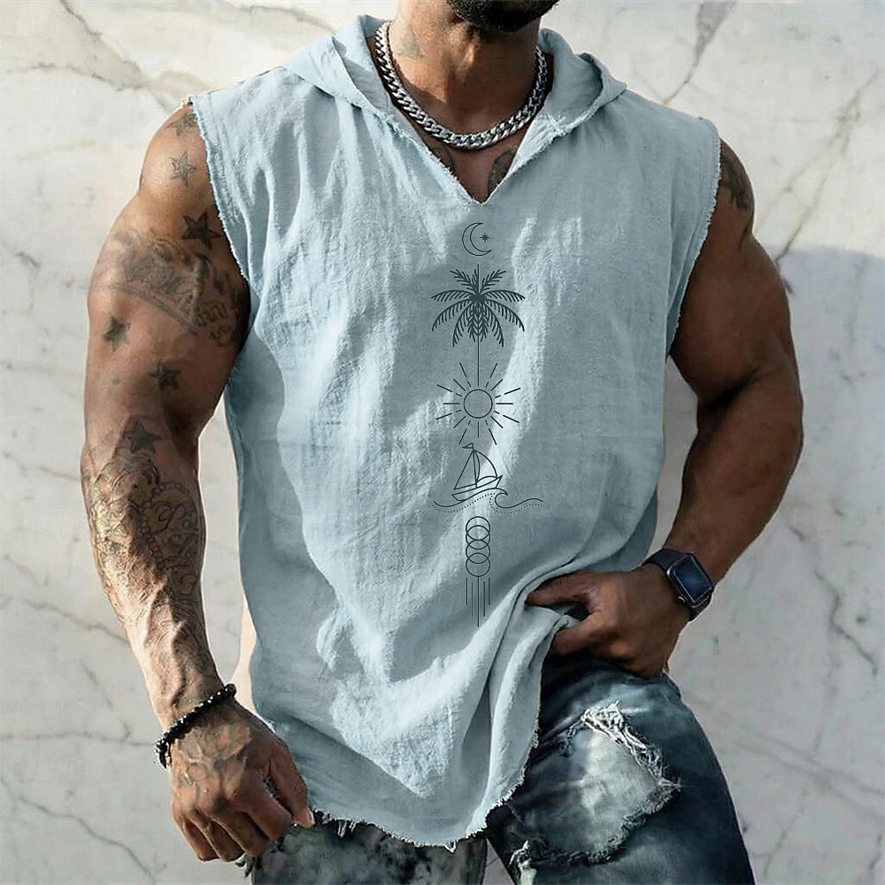 Herrenweste mit geometrischem, maritimem Palmen-, Sonnen- und Segelbootmuster im Boho-Stil, ärmellos, mit Kapuze, aus Baumwoll-Leinen-Mischgewebe, ausgefranstem Saum, lockerer Passform, ideal für 2026 - $19.99 –P4