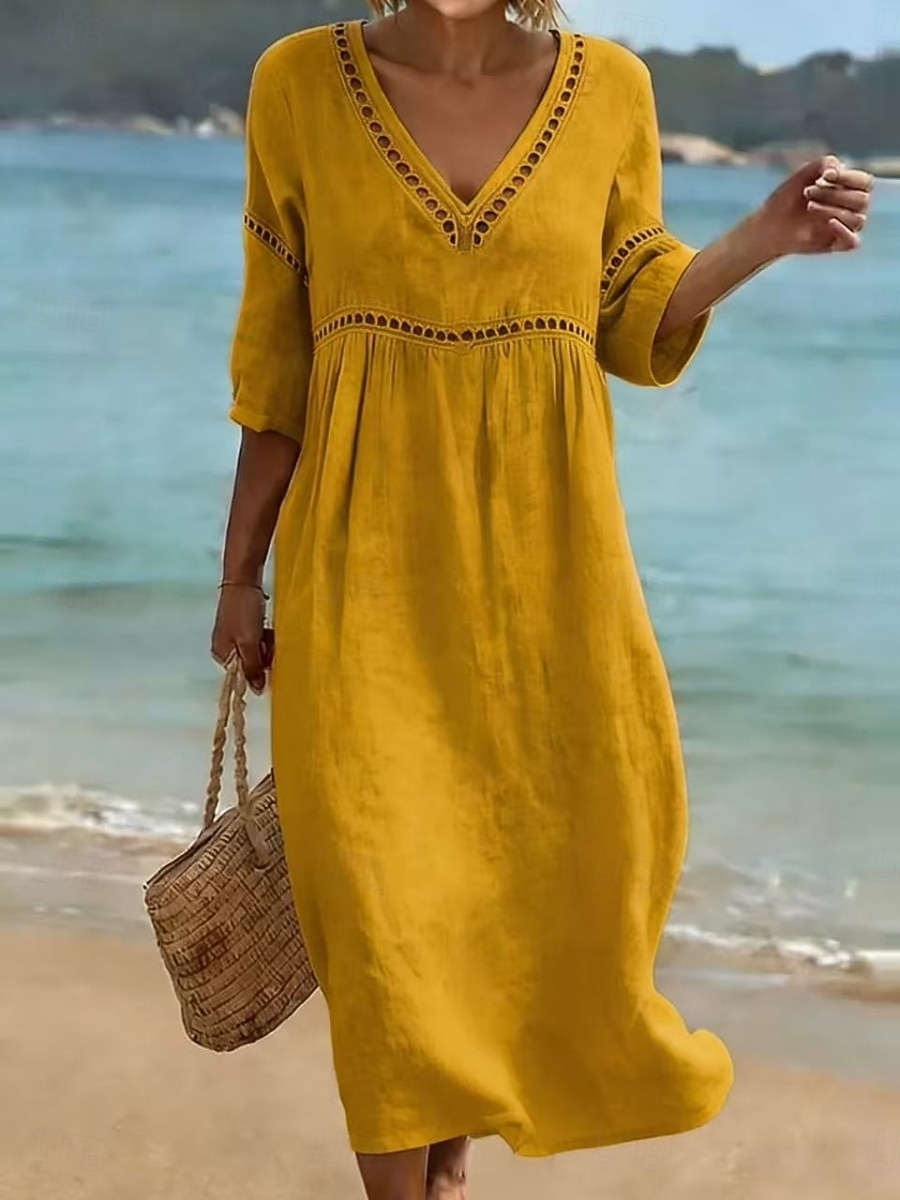 Per donna Abito Midi Abito a trapezio Casual All'aperto Spiaggia Uscire Vestibilità comoda Tinta unica Manica 3/4 Scollo a V Blu Nero Giallo Rosa Estate Primavera del 2026 a $13.49 –P6