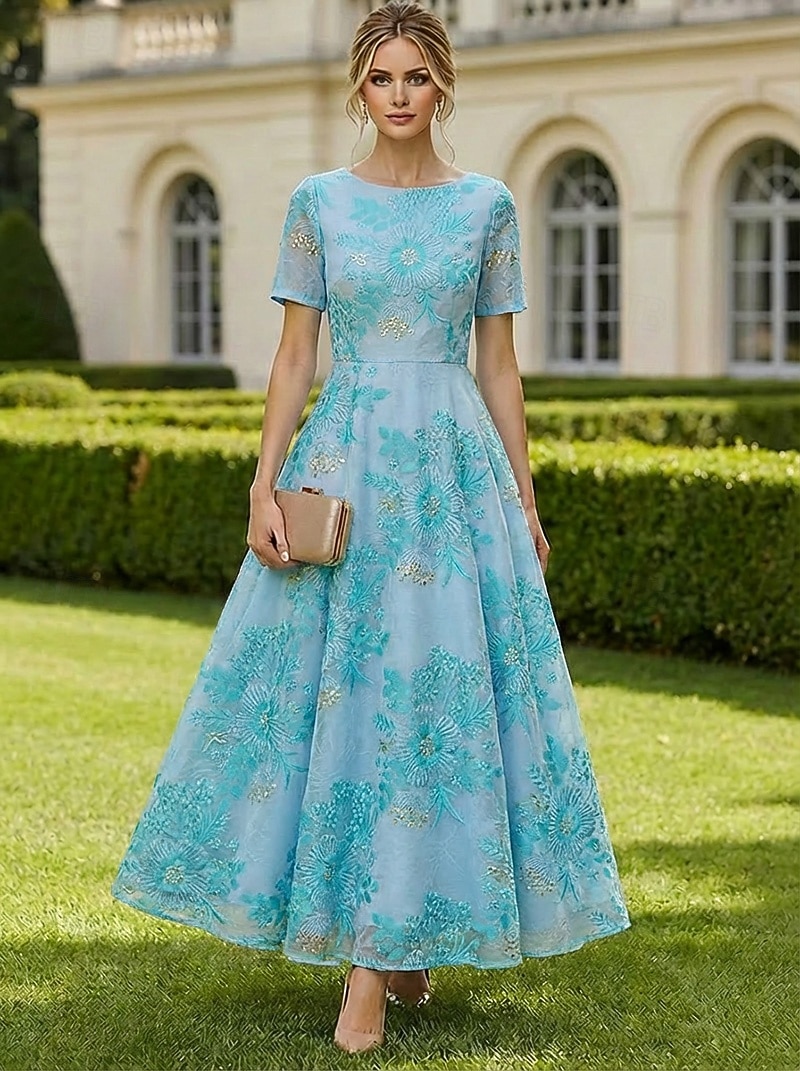 A-linje Ankellengde Te-lengde Floral kjole Cocktailkjoler Elegant Blomster Semiformell / Cocktailfest Kortermet Båthals Hage fest Bryllup Organza Jacquard med Plissert 2026 - $164.69 –P4