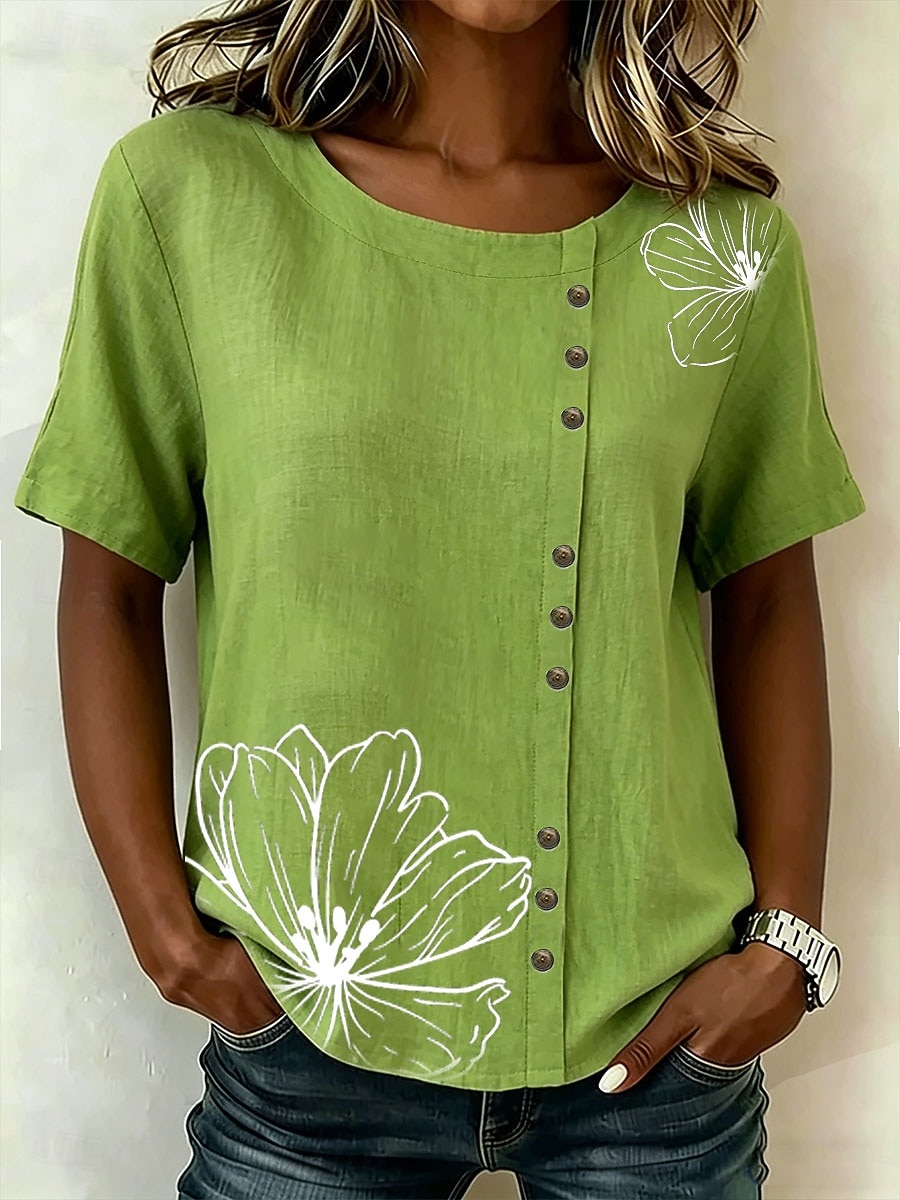 Women's Blouse Buttons Print Floral Graphic Vintage Tropical Stylish Short Sleeve Crew Neck Regular Tops Casual Holiday Blue Pink Purple Green Summer Spring 2026 - $29.99 –P1
