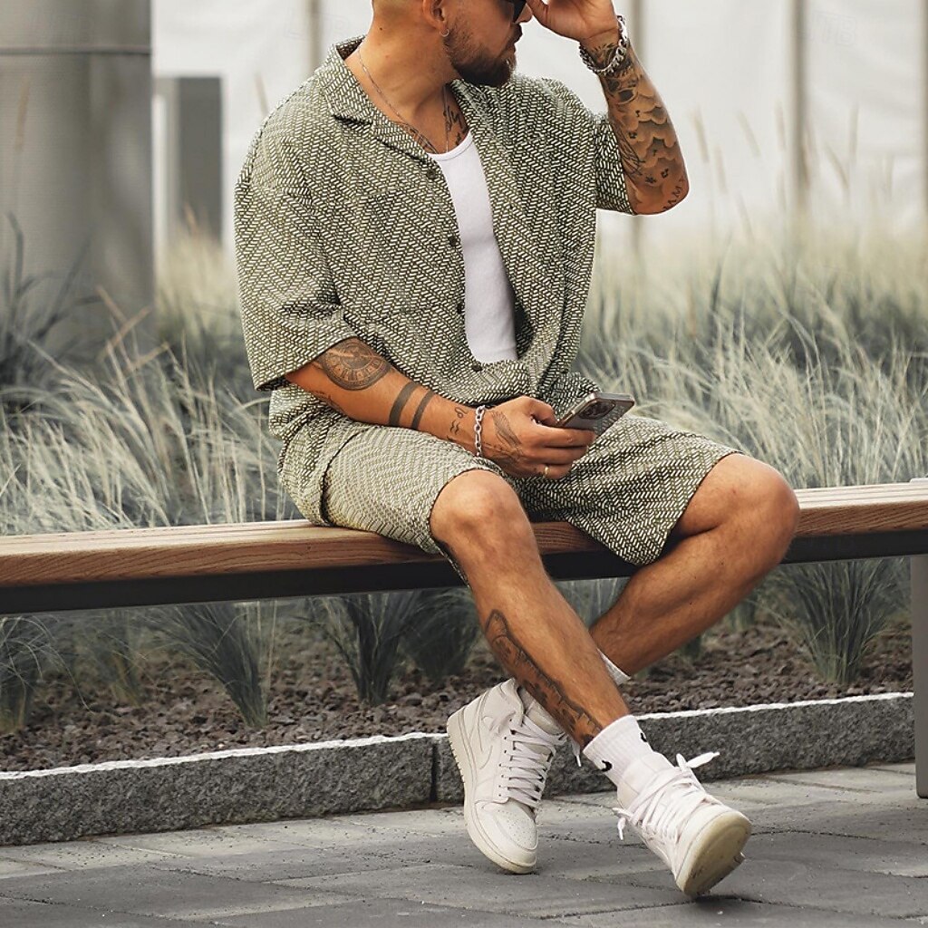 Herr Skjorta Skjorta set Casual skjorta Strandskjorta Knapp upp skjorta Grön Kortärmad Linjer / vågor Kavajslag Ledigt Dagligen Jacquard Kläder Mode Ledigt Bekväm 2026 - $44.99 –P1