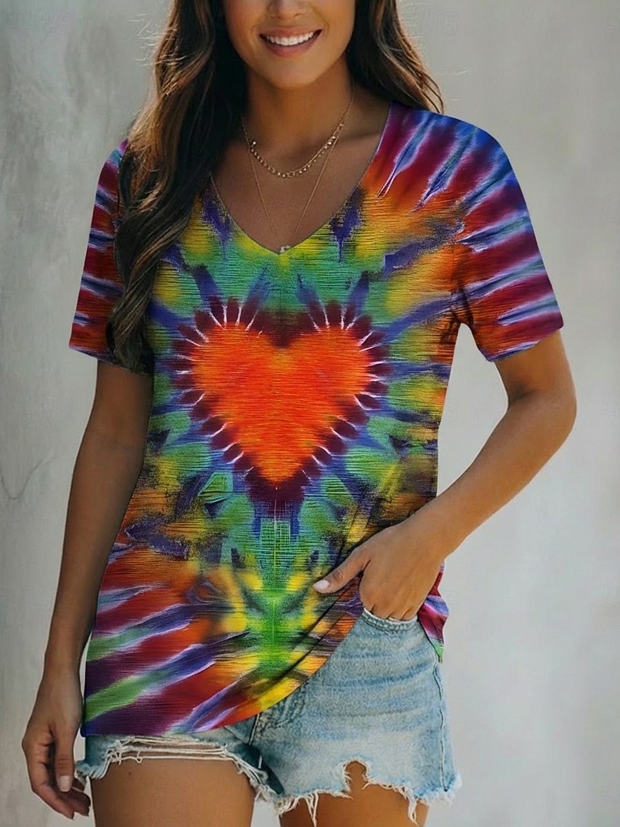 Per donna Maglietta Stampato Cuore Grafico Tinta a nodi Bohemien Vintage Casual Manica Corta Scollo a V Top Regolari Quotidiano Arcobaleno Estate Primavera del 2026 a $13.99 –P2