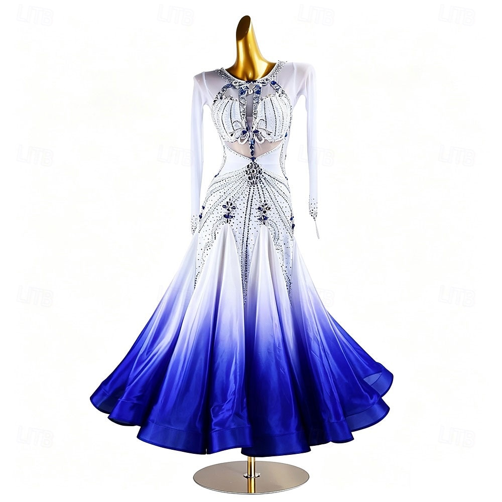 Baile de Salón Vestido Pedrería Plisado Corte Mujer Fiesta Entrenamiento Rendimiento Manga Larga Cintura Alta Licra Poliéster 2026 - $1156.99 –P1