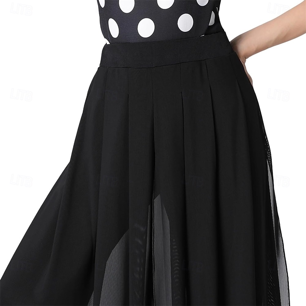 Svarte damebukser til latinamerikansk ballroom-danse – chiffonbukser med lagdelte palazzo-detaljer for rumba og salsa &vals 2026 - $73.99 –P5