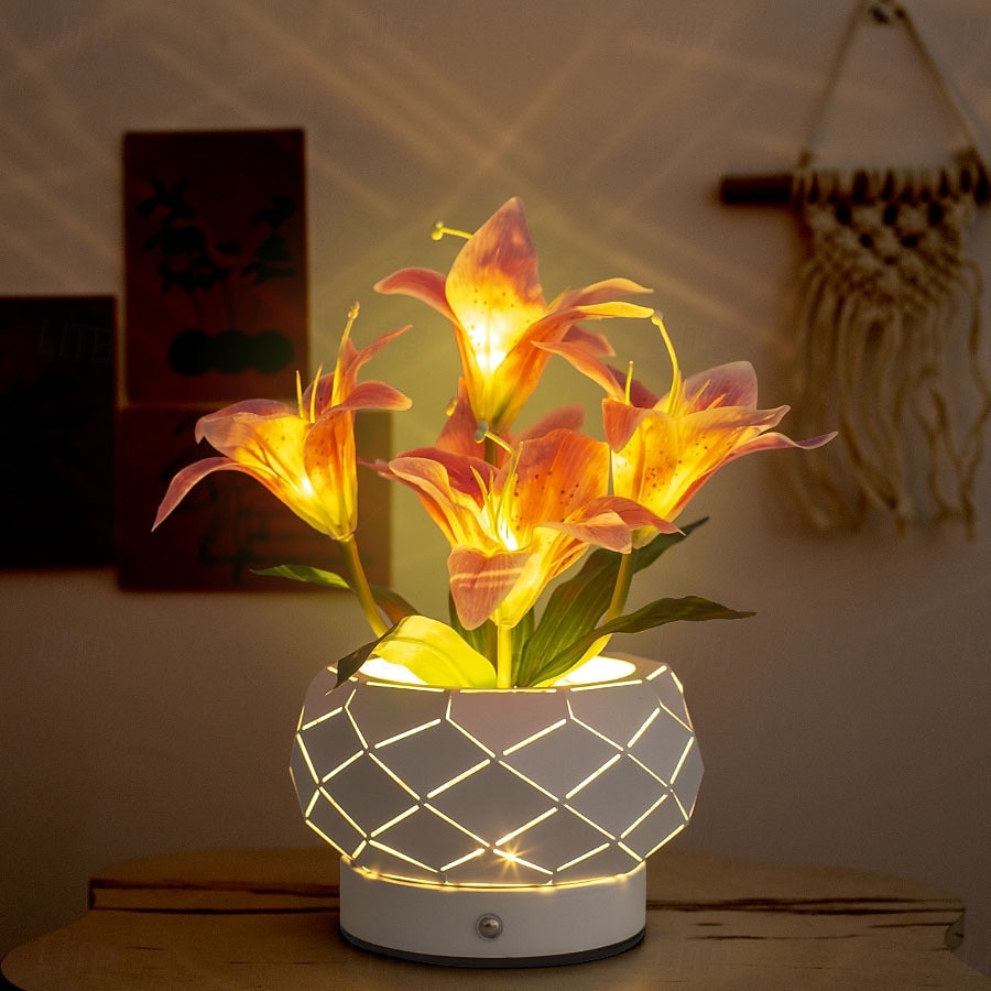 Lampka nocna z pustą doniczką w kształcie kwiatka, ładowana przez USB, 3-kolorowa, z funkcją ściemniania dotykowego, doniczka z kwiatkiem, lampa stołowa do sypialni, salonu, jadalni, oświetlenie 2026 - $43.99 –P6