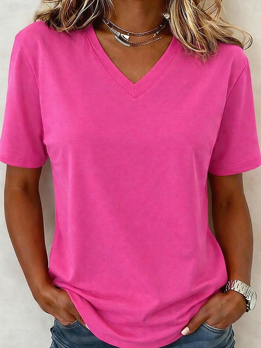 Pentru femei Tricou Cămașă din bumbac Tee Top Culoare solidă Modă Stilat De Bază Manșon scurt În V Topuri obișnuite Casual Zilnic Ieșire Albastru piscină Alb Verde Deschis Roz Îmbujorat Roșu-aprins 2026 - $21.99 –P12