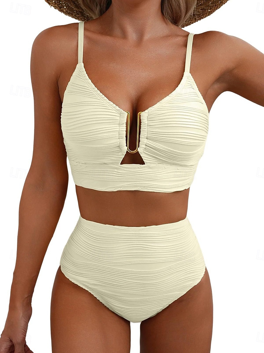 Damen Badeanzug Bikini Zweiteilig Hohe Taillenlinie Bademode Gerafft Rückenfrei Urlaub Strandbekleidung Einfach V Ausschnitt Ärmellos Badeanzüge 2026 - $21.99 –P5