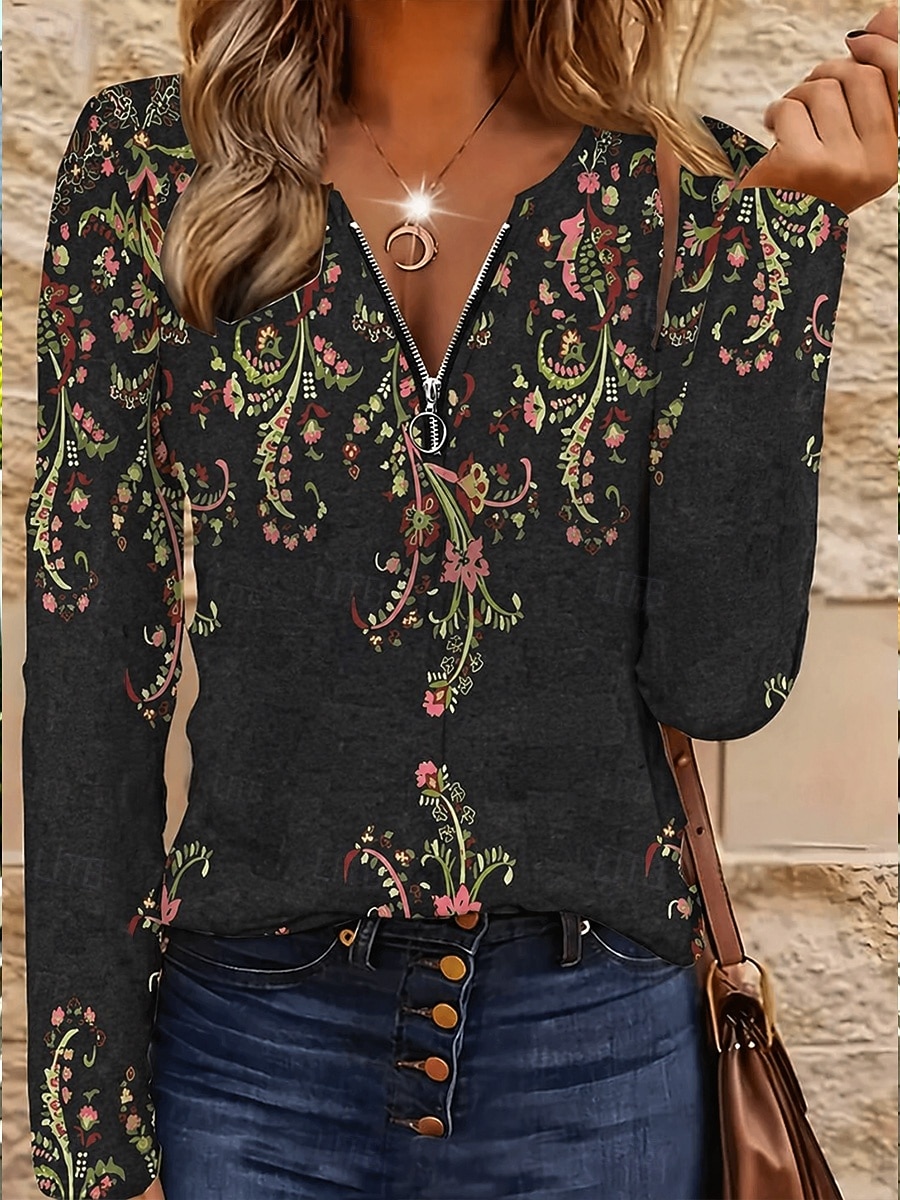 Maglietta da donna a maniche lunghe con zip a quarto Stile casual grafica tribale vintage bohemienne tropicale hawaiana scollo a V top regolari quotidiani per uscire neri primavera autunno del 2026 a $25.99 –P1