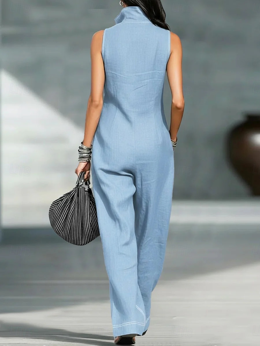 Women's Normal Jumpsuit Active Solid Color Sleeveless Wide Leg Shirt Collar Zipper Pocket Daily Vacation Loose Fit Blue Black Yellow Summer 2026 - $39.99 –P2