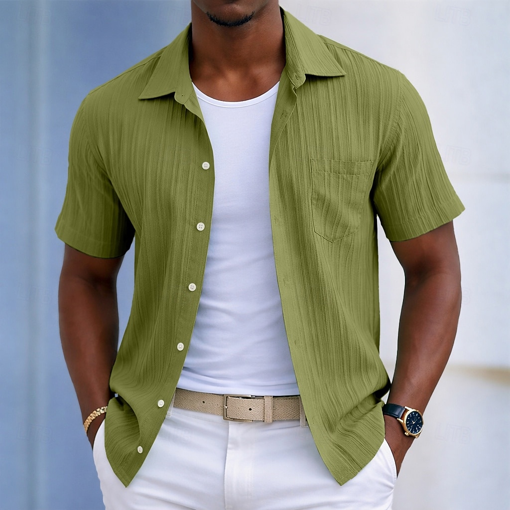 Men's Shirt Casual Shirt Beach Shirt Button Up Shirt Jacquard Shirt Black White Light Green Wine Blue Short Sleeve Solid Color Plain Lines / Waves Lapel Casual Streetwear Pocket Clothing Apparel 2026 - $20.99 –P13