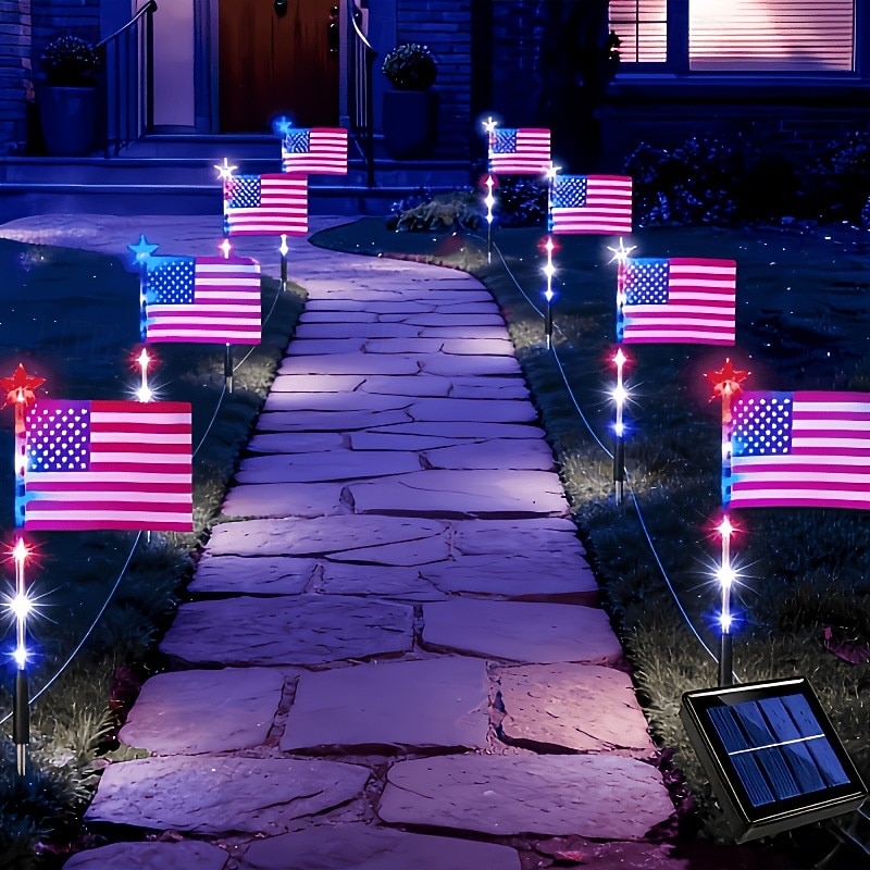 8 anslutna i 1 solcellsdrivna amerikanska flagggångslampor röda, vita och blå trädgårdsljus för 250-årsfirandet av självständighetsdagen patriotiska vattentäta LED-trädgårdsdekorationer för utomhusbruk, 4 juli och minnesdagen. 2026 - $27.99 –P8