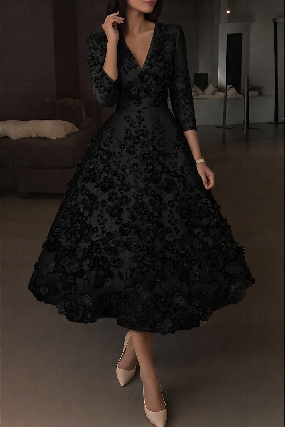 A-Linie Tee-Länge Cocktailkleider Elegant Vintage Blumen Halbarm V Ausschnitt Hochzeit Formell Rosa Kleid Satin Spitze mit Stickerei Tasche 2026 - $195.99 –P18