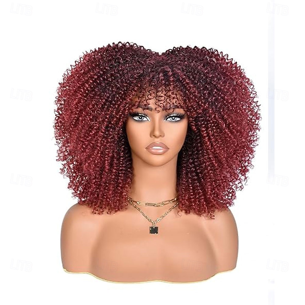 Perucă afro creță maro ombre cu breton, perucă afro sintetică scurtă de 14 inch, peruci afro negre crețe pentru femei, peruci pentru uz zilnic și la petreceri 2026 - $30.99 –P7