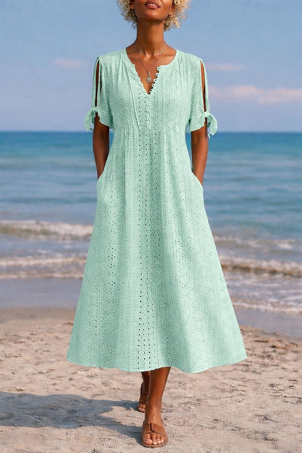 Women's Midi Dress Boho Dress A Line Dress Summer Dress Elegant Fashion Modern Daily Outdoor Beach Loose Fit Plain Short Sleeve V Neck White Purple Light Blue Summer Spring 2026 - $24.99 –P8