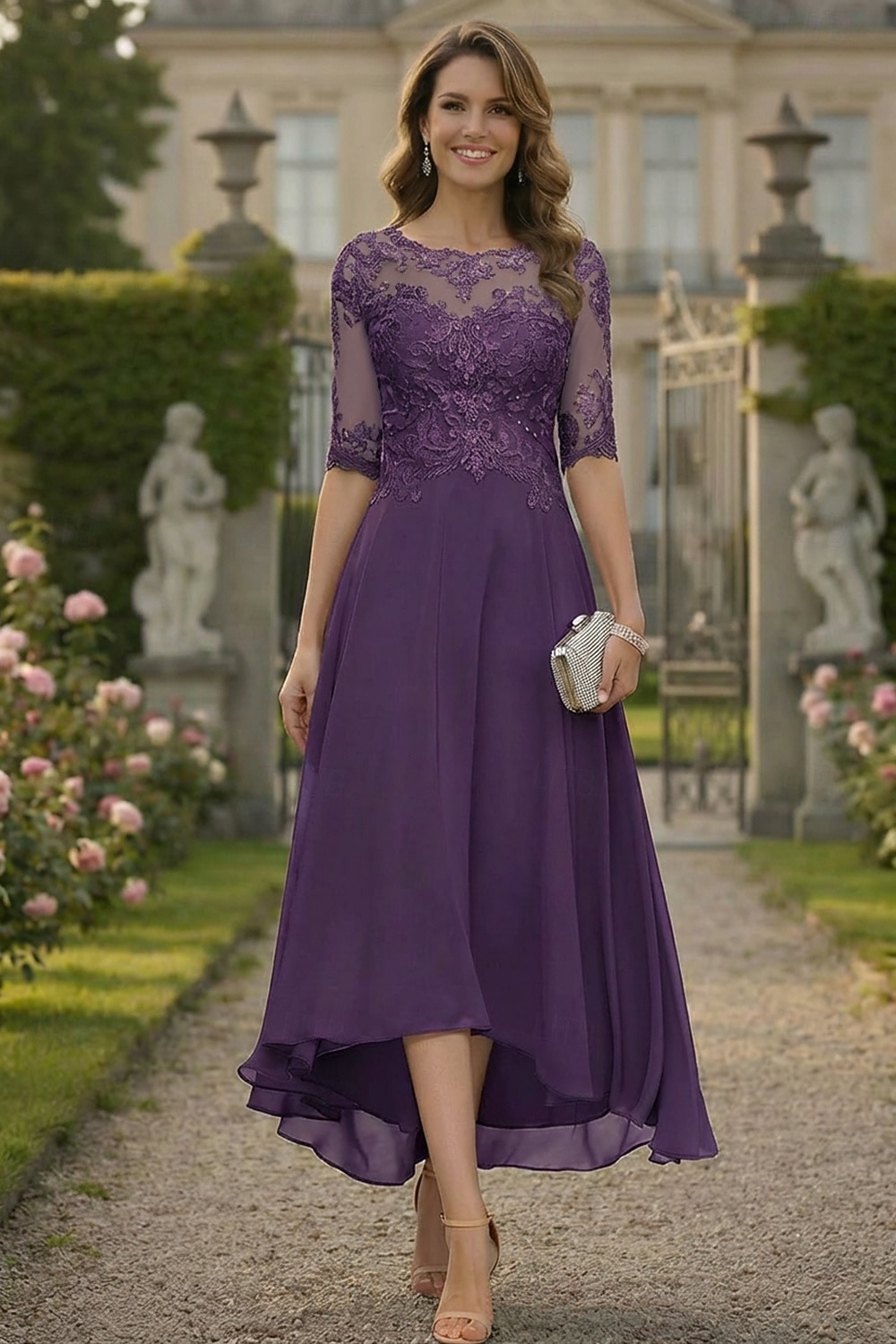 A-Linie Bodenlang Partykleid Cocktailkleid Kleid für Hochzeitsgäste Brautmutterkleid Halbarm Rundhalsausschnitt Elegant Formell Hochzeitsgast Formeller Abend Chiffon mit Einfarbig 2026 - $160.99 –P8
