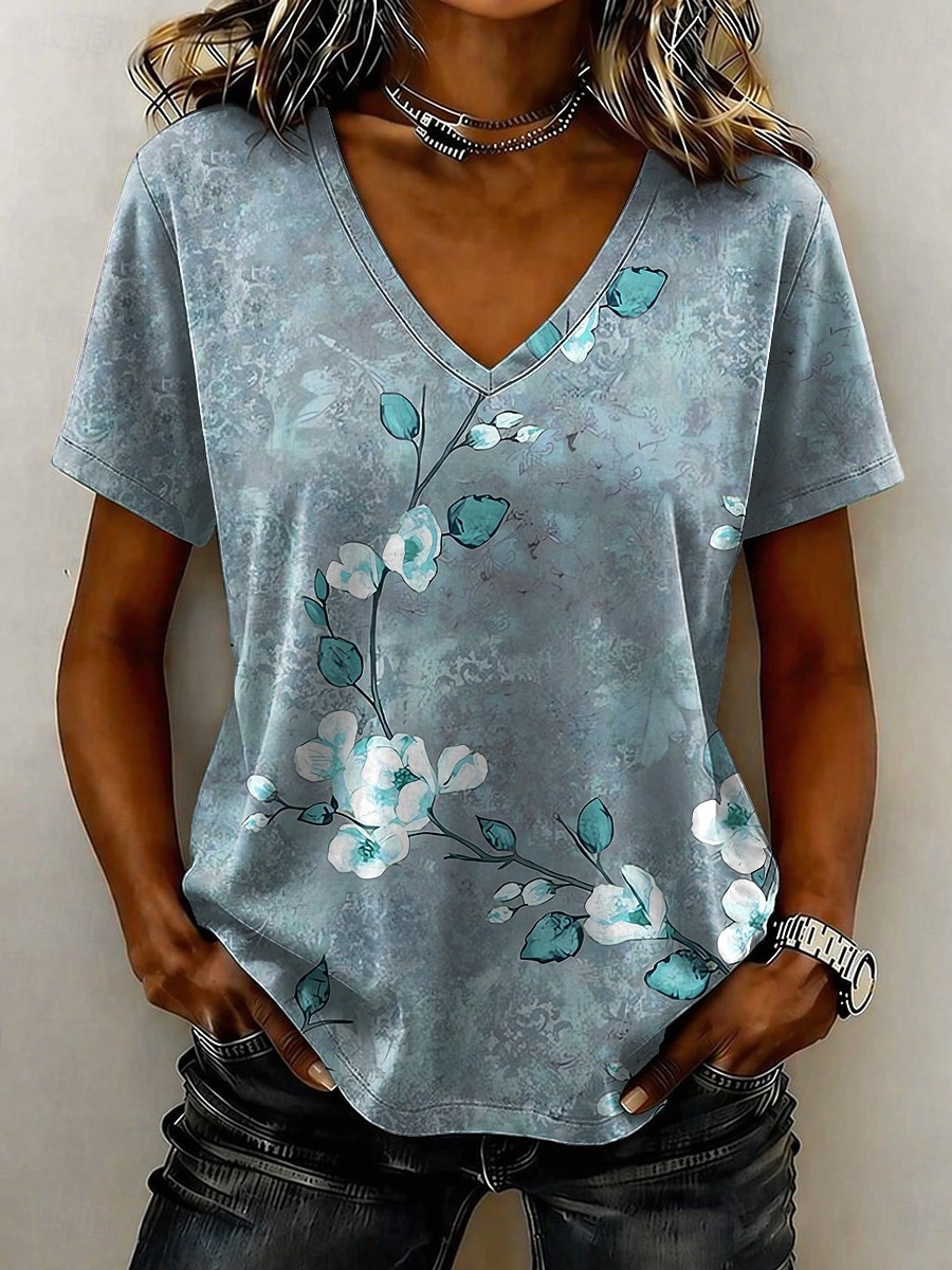 Per donna Maglietta Stampato Floreale Grafico Elegante Classico Casual Manica Corta Scollo a V Top Regolari Casuale Quotidiano Blu Rosa Viola Verde Estate Primavera del 2026 a $22.99 –P4