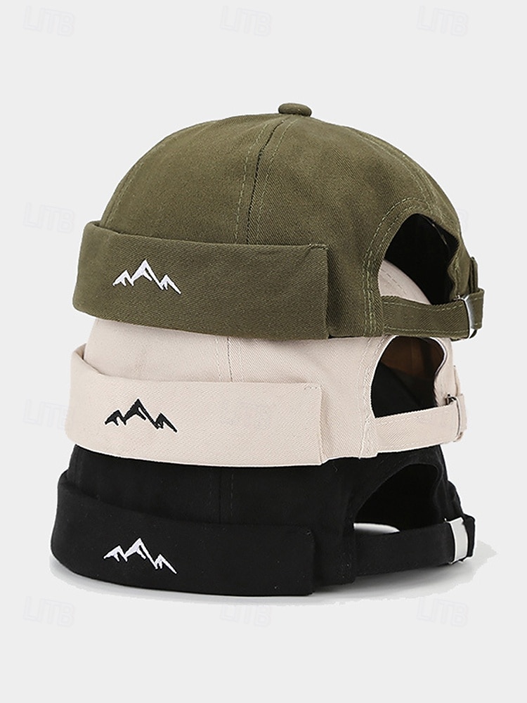 2026年 メンズポリエステル製ドッカーハット。つばのない調節可能なキャップで、山のモチーフが刺繍されています。複数のカラー展開で、旅行、アウトドアスポーツ、普段着、バケーションスタイルに最適です。  コレクション – $14.99 –P5