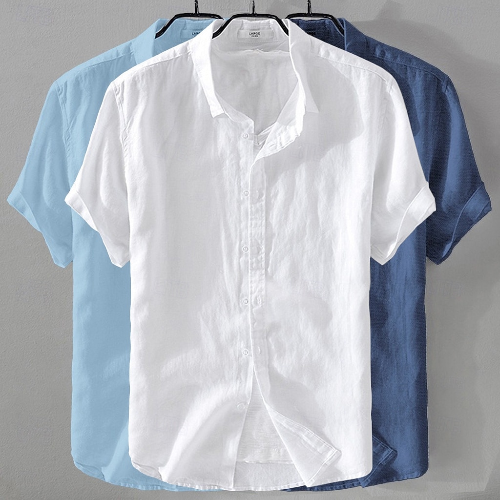 Per uomo Camicia Camicia di lino Camicia Estiva Abbigliamento da spiaggia Camicia con Bottoni Semplice Casuale Spiaggia Nero+Bianco+Grigio Blu navy + blu + bianco Kaki+Verde+Blu navy Blu navy + blu del 2026 a $41.99 –P2