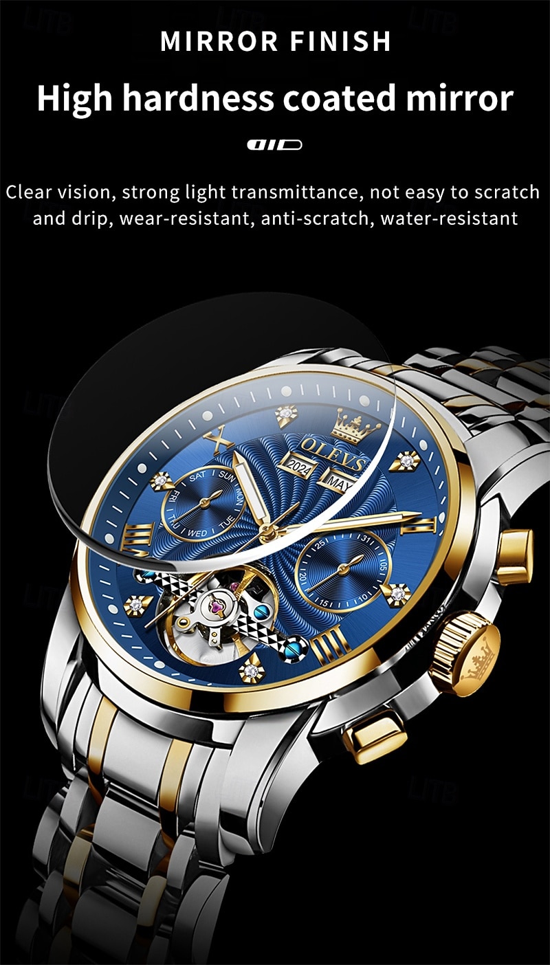 Orologio automatico da uomo Olevs Skeleton, lussuoso orologio da polso da lavoro bicolore in acciaio inossidabile con calendario multifunzione, orologio meccanico analogico luminescente impermeabile, del 2026 a $109.99 –P12