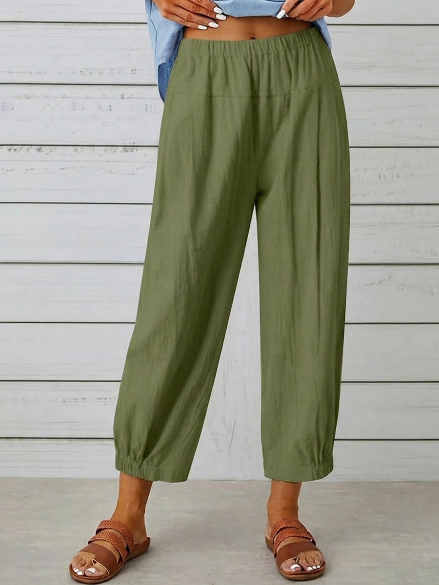 Women's Cotton Linen Pants Trousers Casual Pants Summer Pants Vacation Fashion Streetwear Ankle-Length High Waist Plain Pocket Elastic Waist Comfort Comfortable Inelastic Daily Vacation Street Black 2026 - $21.99 –P1