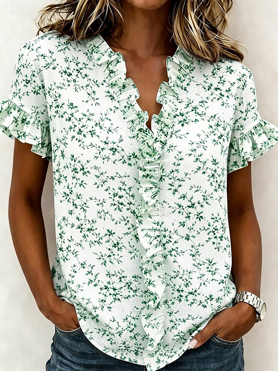 Femmes Chemise Tunique A Volants Fleuri Graphique Élégant Mode Quotidien Manche Courte Col en V Hauts Réguliers Occasionnel Quotidien Bleu Rose Claire Violet Vert Été Printemps de 2026 ? $26.99 –P4