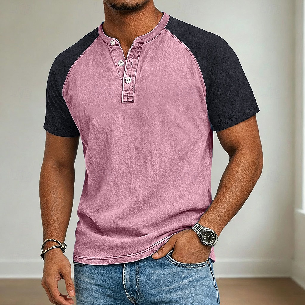 Per uomo Maglia Henley Camicia 100% cotone lavaggio acido Manica Corta Henley Primavera & Estate Estate Primavera Blocco di colori Patchwork Retrò Vintage Casual Henley Patchwork Stile Vintage Blocco del 2026 a $31.99 –P9