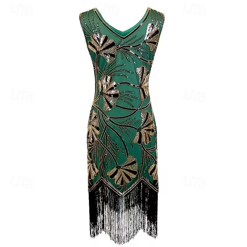 Roaring jaren '20 Jaren 1920 Retro vintage Tot de knie Flapper jurk Handschoenen Ketting Mouwloos The Great Gatsby Charleston Pailletten V-hals Kostuum Dames Halloween Carnaval Feesten & Uitgaan 2026 - $64.99 –P3