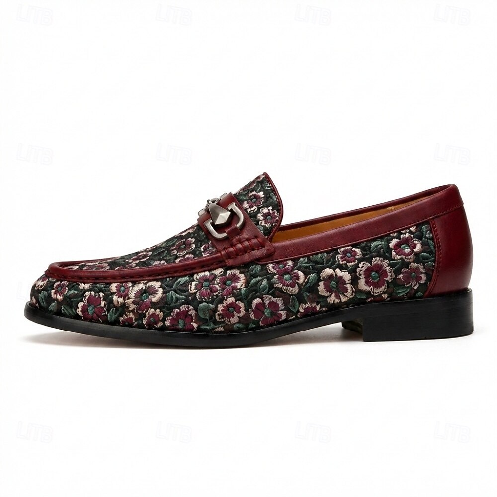 Herrloafers i vinröda blommiga jacquardmönster med slip-on-detaljer, eleganta statement-skor för bröllopsgäster, banketter, fester, mottagningar och kvällsevenemang 2026 - $109.99 –P5