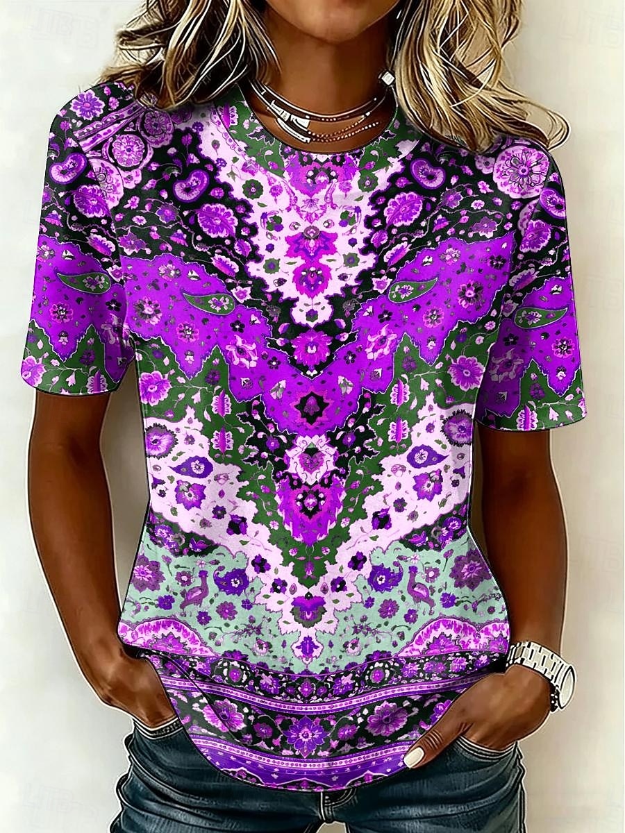 Women's T Shirt Print Graphic Tribal Vintage Stylish Casual Short Sleeve Crew Neck Round Neck Regular Tops Casual Daily Blue Purple Orange Green Summer Spring 2026 - $22.99 –P3