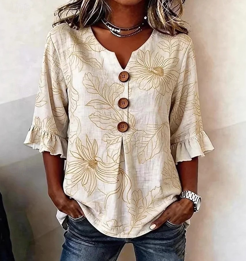 Semana Santa Mujer Camisa Floral Graphic Vintage Elegante Manga Larga Escote en Pico Tops largos Casual Diario Festivos Verde Trébol Beige Azul claro Verano Primavera 2026 - $32.99 –P2