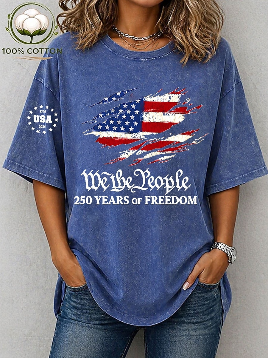 T-shirt voor dames, 100% katoen, Amerikaanse Onafhankelijkheidsdag, vintage, gewassen, print, grafische vlag, Amerikaanse vlag, stijlvol, basic, klassiek, korte mouwen, ronde hals, normale pasvorm, casual, dagelijks, blauw 2026 - $29.99 –P1