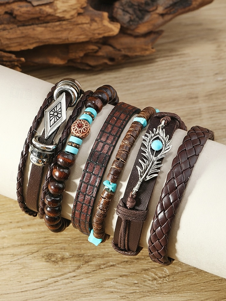 סט צמידים בסגנון בוהמי לגברים, אורך מתכוונן בן 6 חלקים, סגסוגת, קליפת קוקוס &חומר מעורב עץ, מושלם לחופשת חוף, ללבישה יומיומית קז'ואלית 2026 - $11.99 –P5