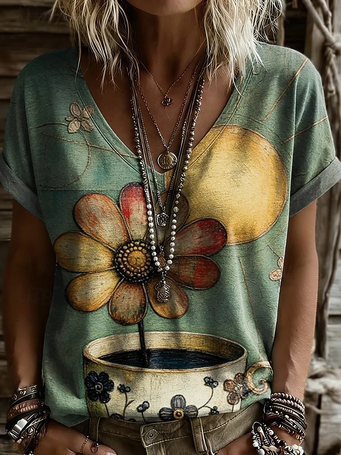 Women's T Shirt Print Floral Graphic Plants Vintage Stylish Casual Short Sleeve V Neck Regular Tops Casual Daily Weekend Blue White-Blue Light Beige Beige Summer Spring 2026 - $21.99 –P8