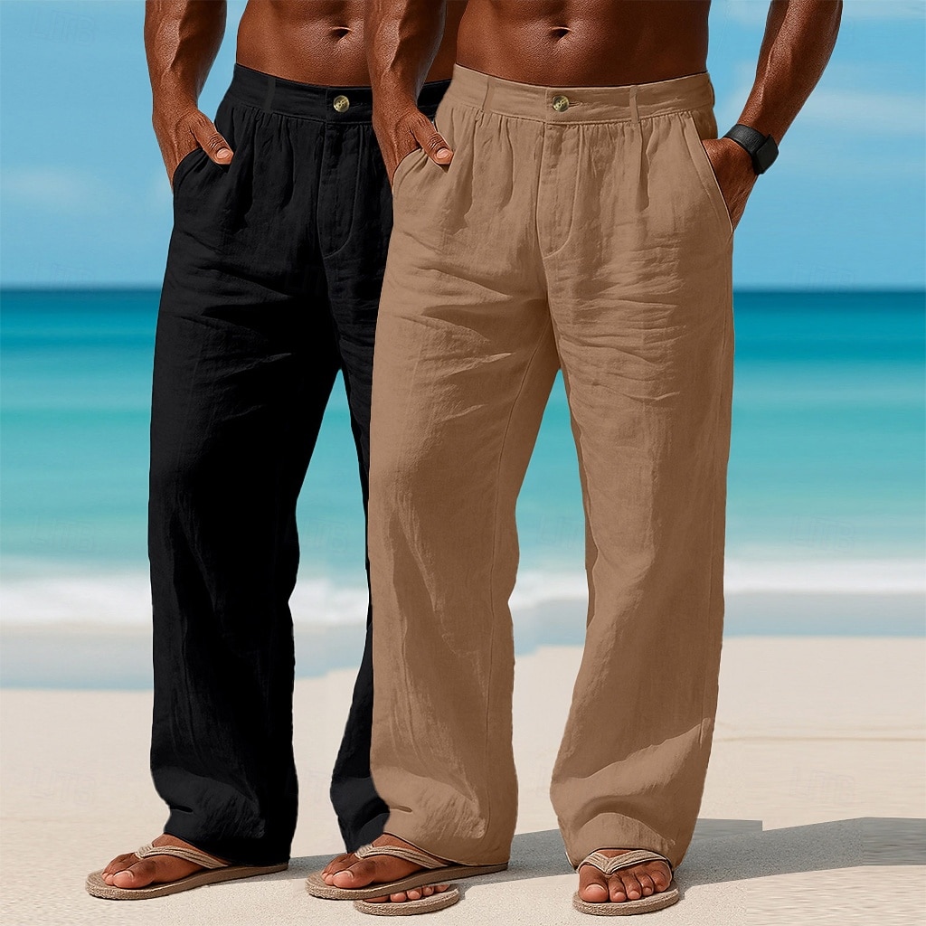 Homme Pantalons en Lin Pantalons Pantalon d'été Pantalons Amples Pantalons de Plage Avec Poches Uni Confort Respirant Longueur complète Occasionnel Quotidien Extérieur Vacances Mode Blanc + kaki de 2026 ? $41.99 –P9