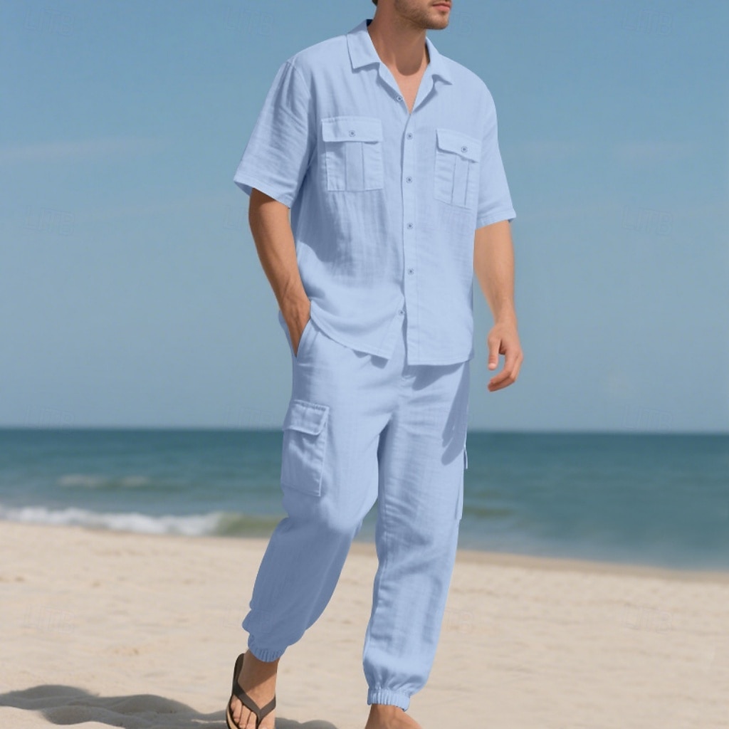 Men's Linen Shirt 2 Piece Shirt Set And Cargo Pants Linen Pants Trousers Set Plain Casual Daily Outdoor Turndown Short Sleeves Summer Fashion Casual Comfortable Clothing Apparel 2026 - $36.99 –P20