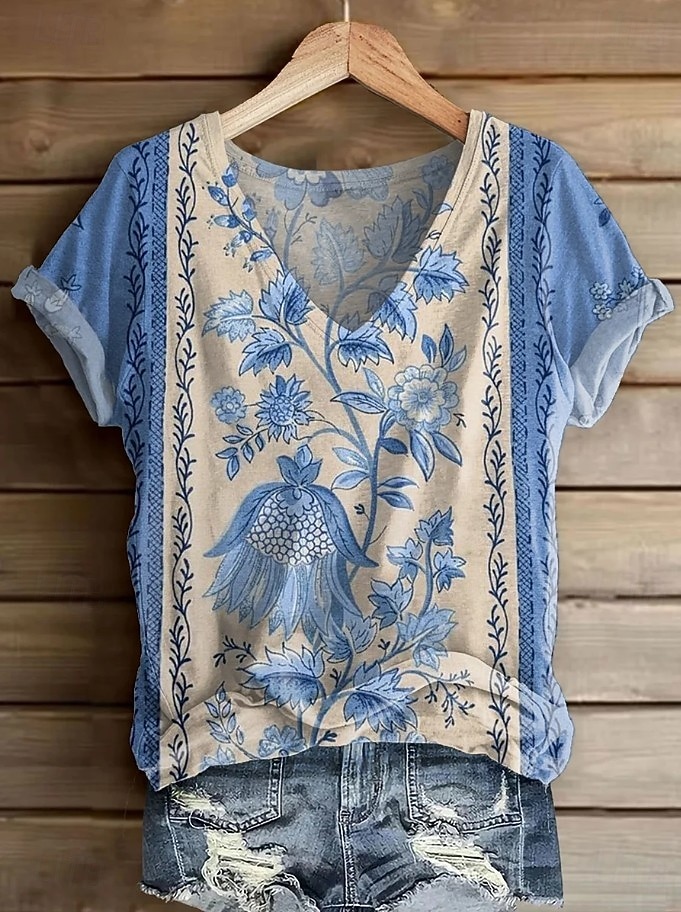 Damen T Shirt Druck Blumen Grafik Pflanzen Vintage Stilvoll Lässig Kurzarm V Ausschnitt Normale Oberteile Täglich Wochenende Blau Gelb Rosa Wein Rote Sommer Frühling 2026 - $21.99 –P8